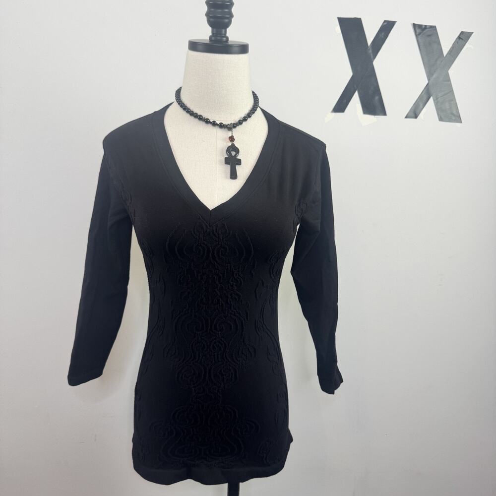 Vintage Y2K Black Mesh Sheer Long Sleeve Bodycon Top Stretch Embroidered OS
